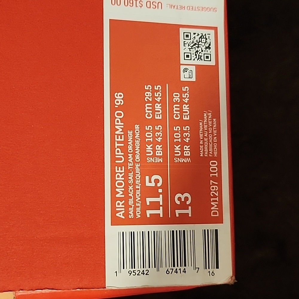 Air More Utempo '96, men's size 11.5, white with Black "Air," multicolor outline